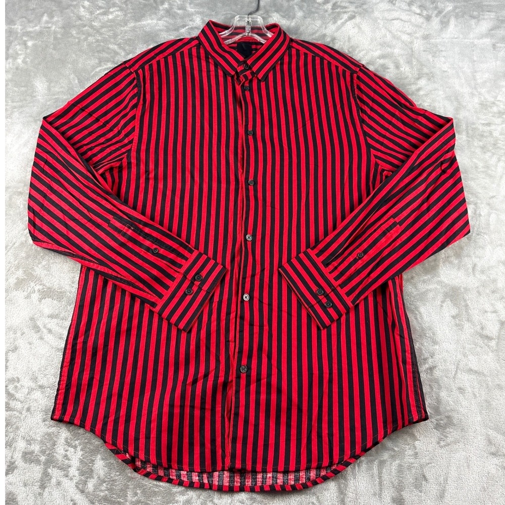 H&M Button-Down Mens Large Striped Red Black Long Sleeve EUC